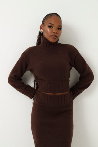 Contrast Rib Knitwear Pullover Top - Chocolate