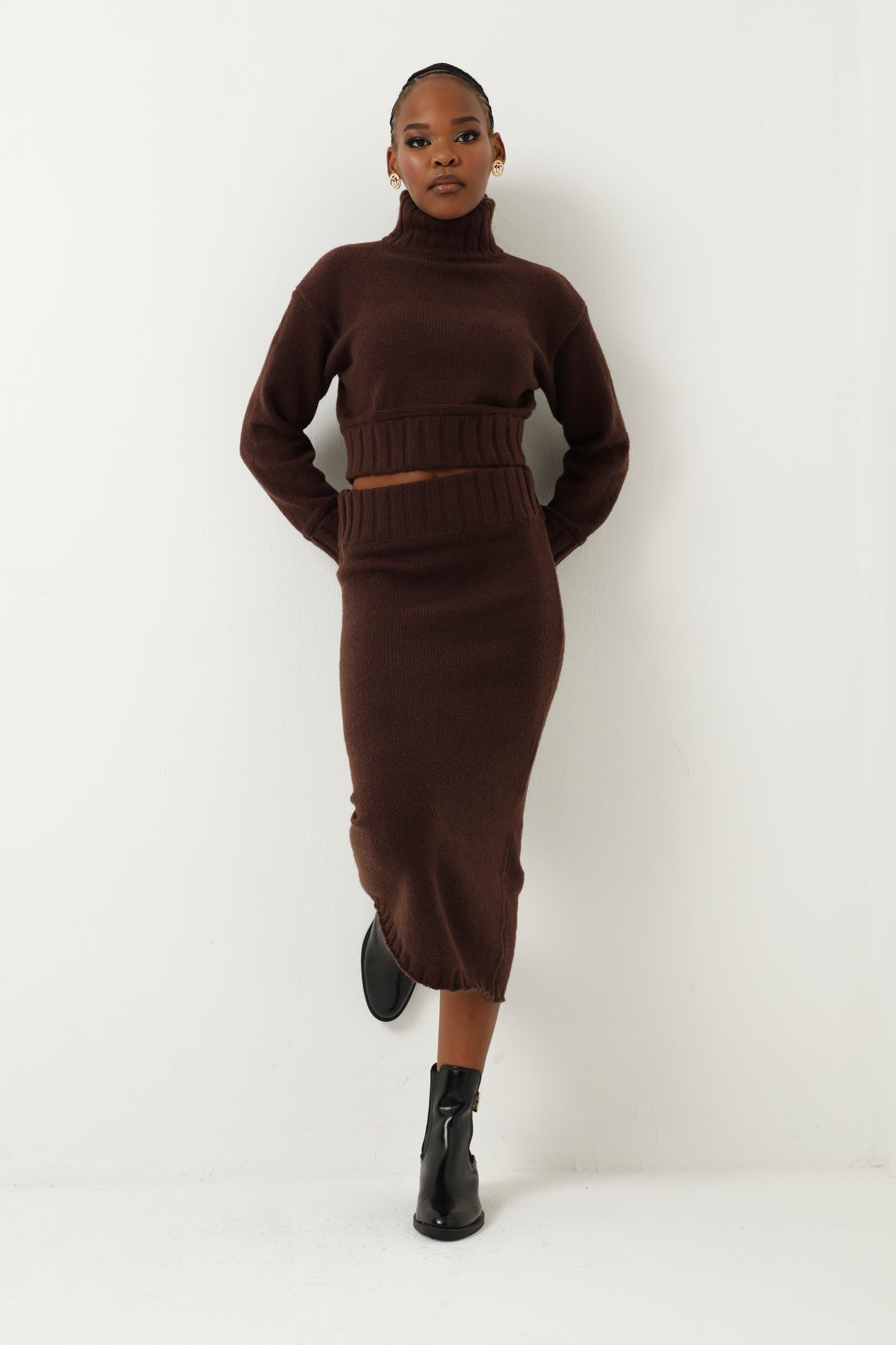 Contrast Rib Knitwear Midi Skirt - Chocolate – LEGiT