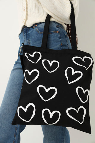 Heart Print Canvas Shopper Bag - Black/White