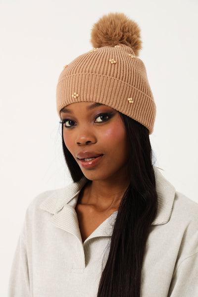 Beaded Flower Pom Pom Beanie - Neutral – LEGiT