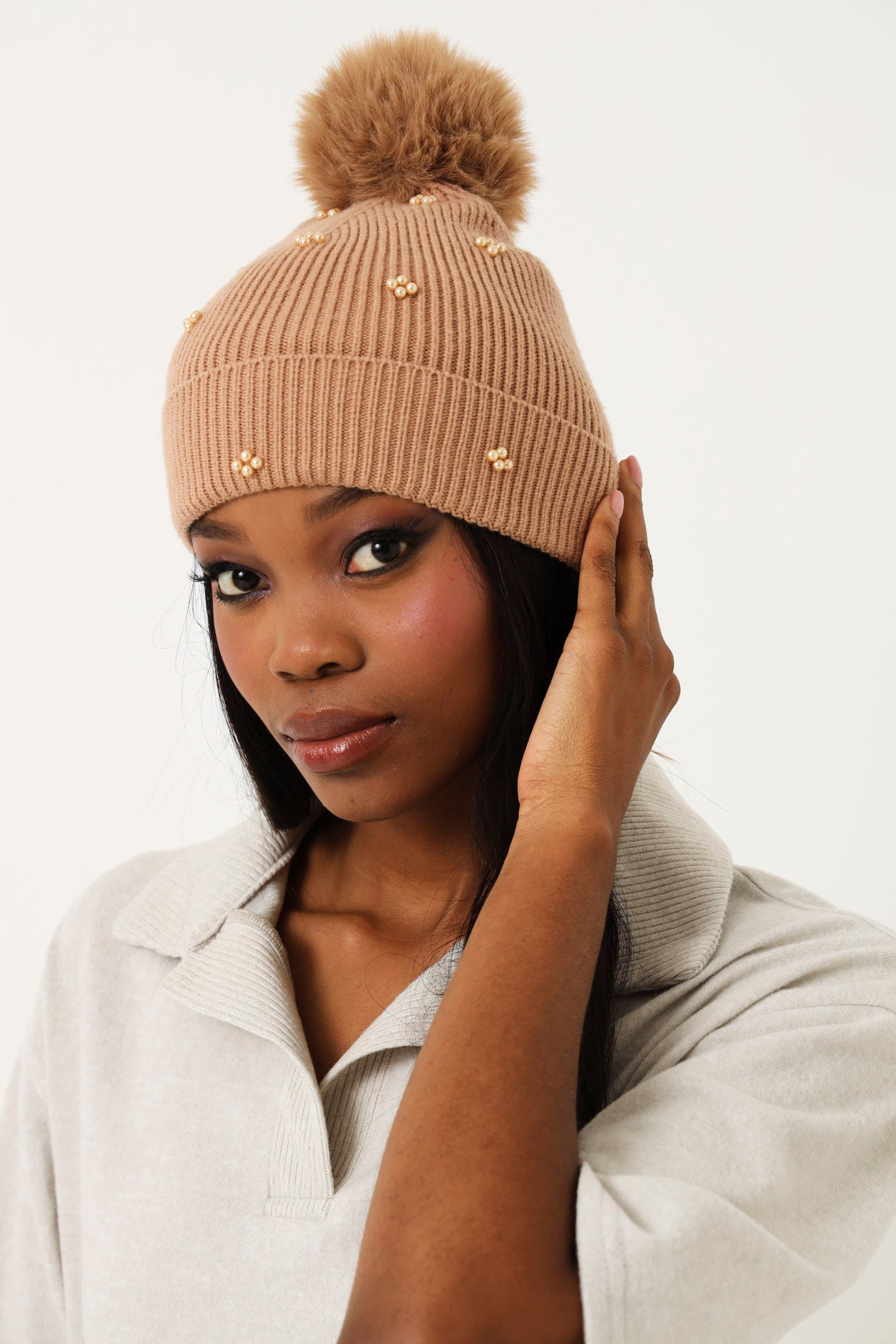Beaded Flower Pom Pom Beanie - Neutral – LEGiT