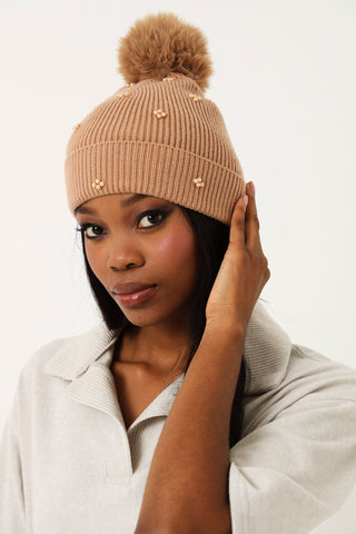 Beaded Flower Pom Pom Beanie - Neutral