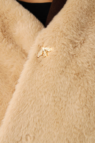 Faux Fur Shawl With Bee Broach - Light Brown