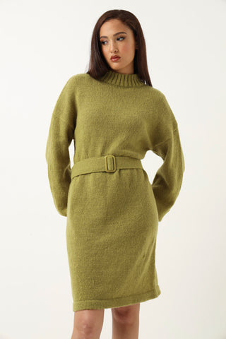 Long Sleeve Belted Knitwear Mini Dress - Chartreuse