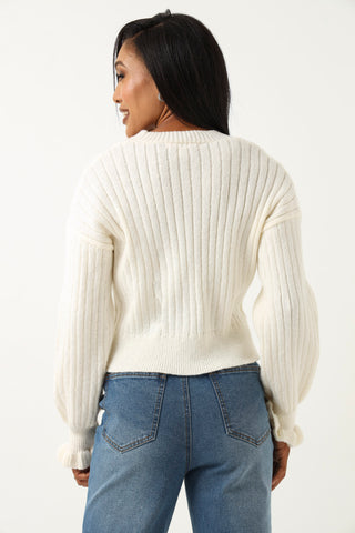 Long Sleeve Frill Fancy Button Cardigan - Cream