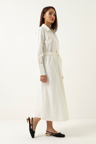 Long Sleeve Poplin Belted Maxi Shirt Dress - White