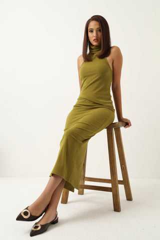Sleeveless High Neck Warm Rib Top - Chartreuse