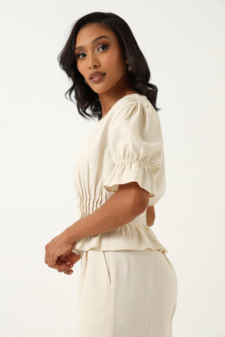 Puff Sleeve Linen Look Blouse - Stone