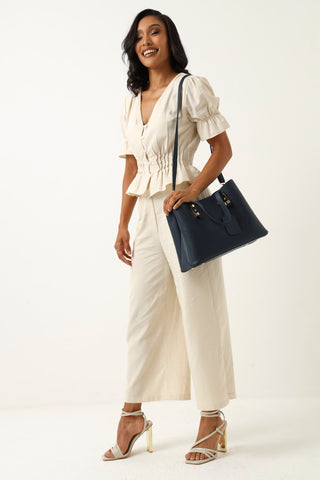 Pu Tab Detail Compartment Shopper - Navy