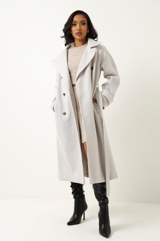 Tie Detail Melton Trench Coat - Cream
