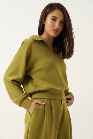 Collared Soft Touch Pullover Top - Chartreuse