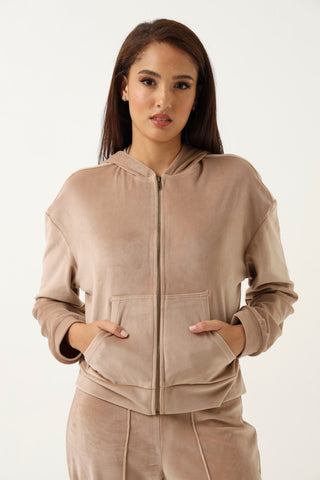Long Sleeve Zip Through Velour Hoodie - Taupe