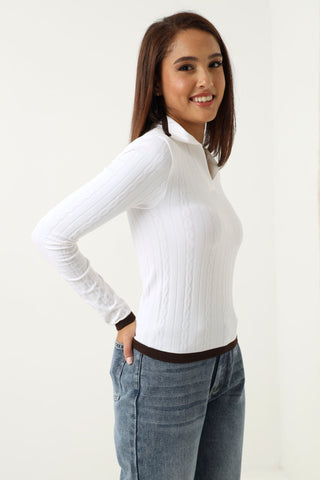 Long Sleeve Tipping Cable Seamless Golfer-White