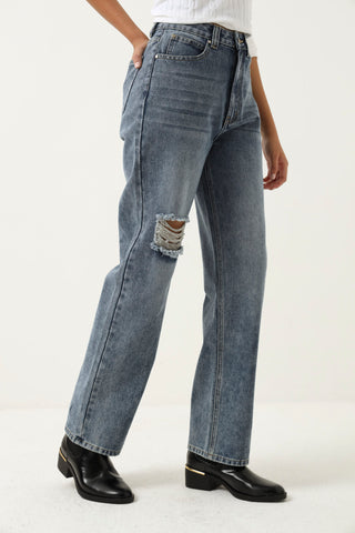 Distressed Straight Leg Jeans - Dark Wash