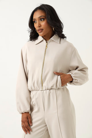 Zip Through Bubble Hem Barbi Jacket - Cream