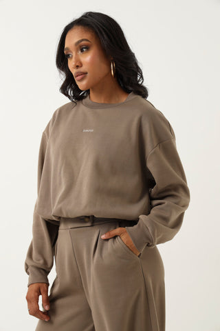 Long Sleeve Fleece Amour Bubble Hem Pullover - Taupe