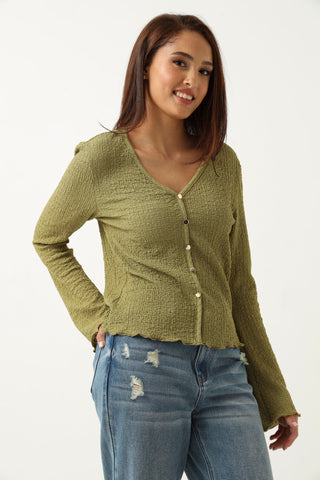 Long Sleeve V Neck Crinkle Knit Top - Chartreuse