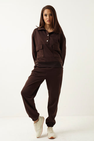Collared Fleece Pullover With Fancy Buttons - Chocolate