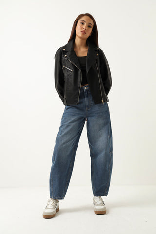 Back Seam Detail Barrel Jeans - Dark Wash