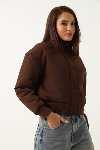 Long Sleeve Rib Hem Puffer Jacket-Chocolate