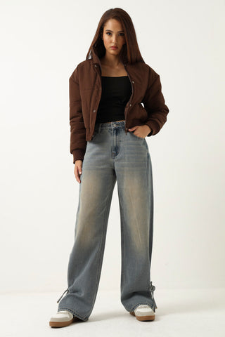 Ankle Tie Detail Tea Stain Wide Leg Jean - Dark Wash