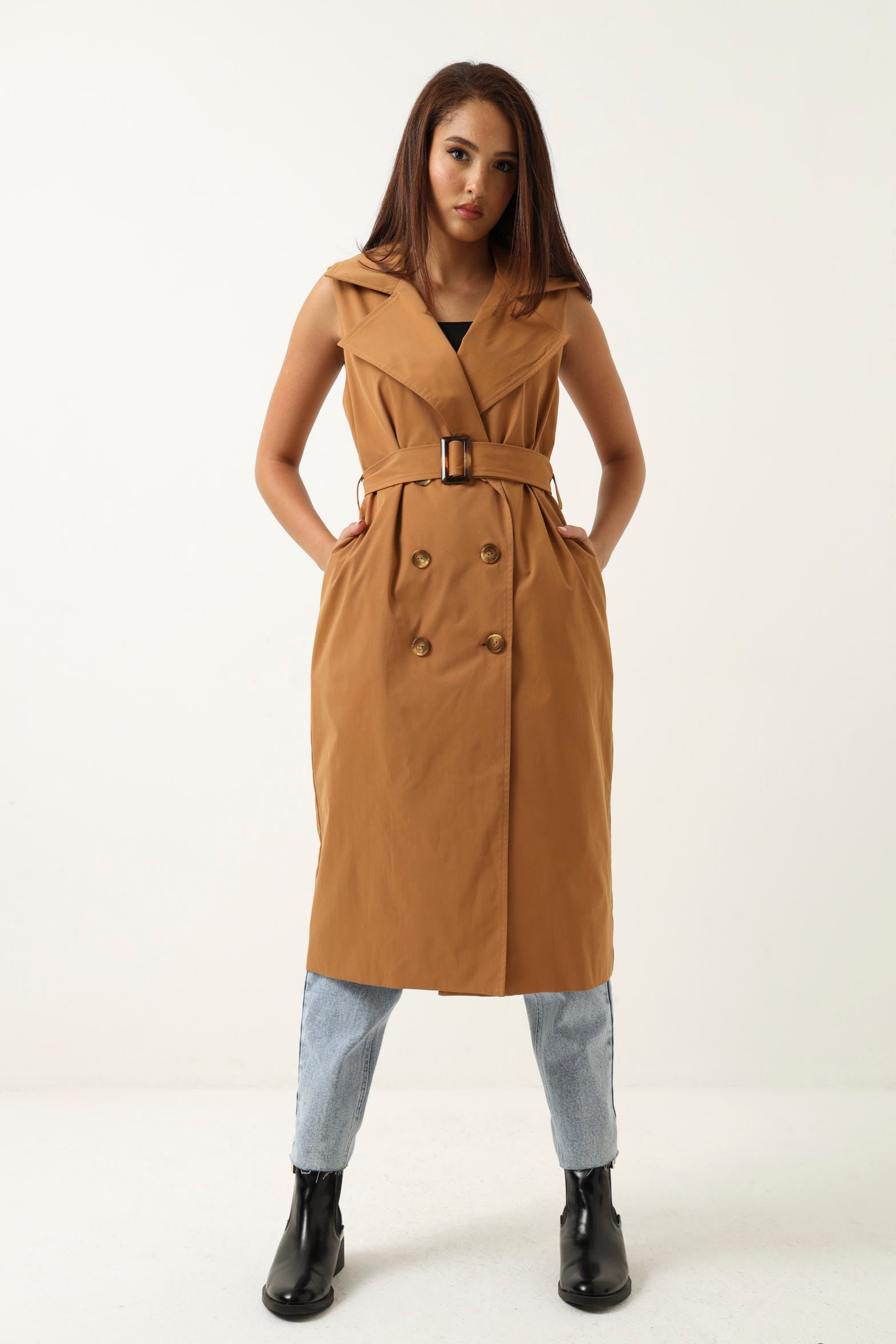 【SUBLATIONS】SLEEVELESS GABARDINE COAT Turner Sleeveless Trench Coat - Poetry Clothing Store