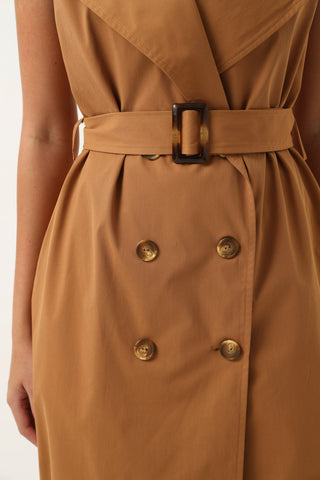 Sleeveless Belted Twill Trench Coat - Tan