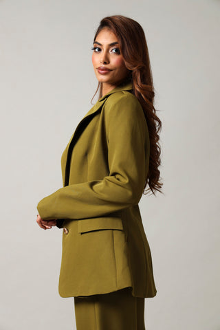 Long Sleeve Cinched Waist Blazer - Green