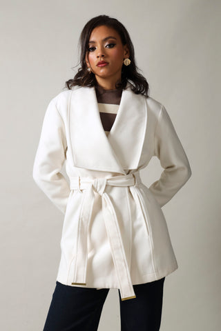 Long Sleeve Belted Melton Jacket - Cream
