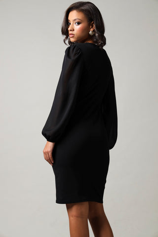 Long Sleeve Chiffon Combo Dress - Black