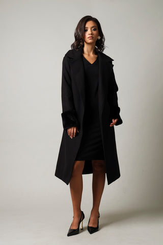 Long Sleeve Fur Longer Length Melton Jacket - Black