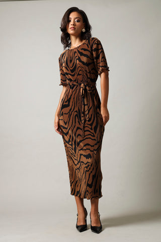 Short Sleeve Bodycon Belt Tie Dress - Black/Brown