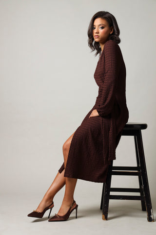 Long Sleeve Textured Wrap Dress - Chocolate