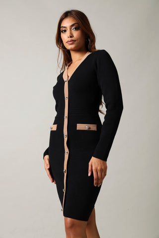 Long Sleeve Contrast Knitwear Dress - Black/Tan