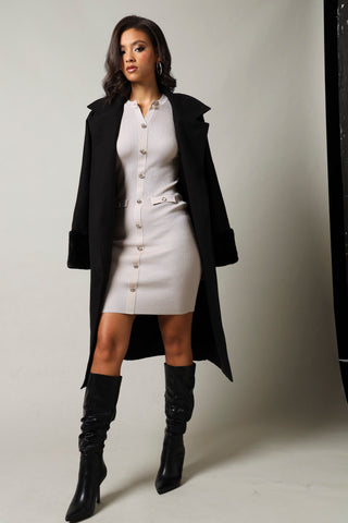 Fancy Button Long Sleeve Knitwear Dress  - Nude