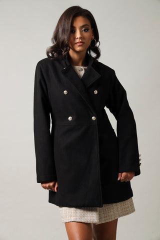 Long Sleeve Fancy Button Melton Coat - Black