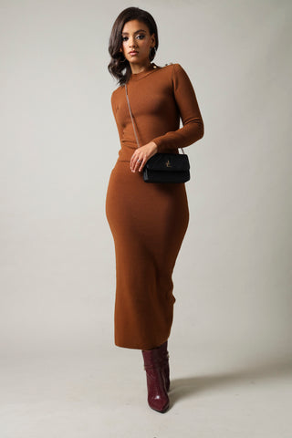 Long Sleeve Funnel Neck Button Detail Pullover - Caramel