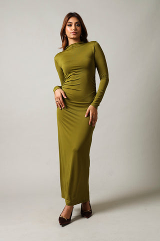 Long Sleeve Slinky Bodycon Dress - Dark Green