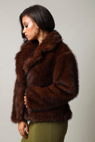 Long Sleeve Fur Longer Length Jacket - Brown
