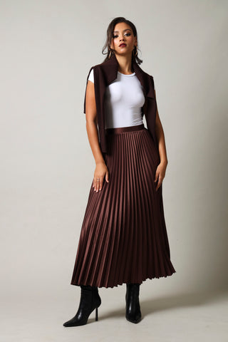 Longer Length Pleated Skirt - Brown