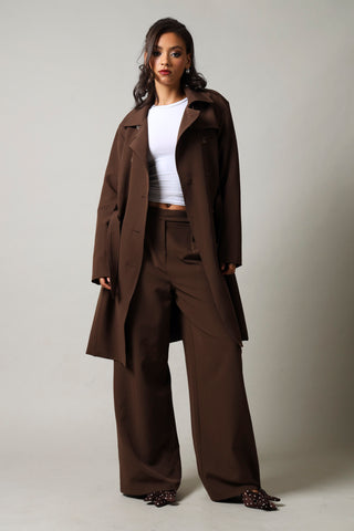 Long Sleeve Belted Trench Coat-Brown