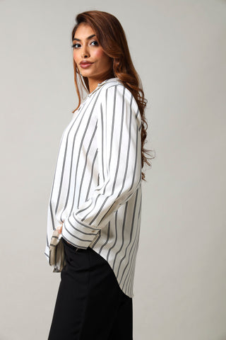 Long Sleeve Stripe Satin Shirt - Cream/Black