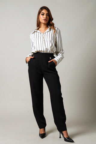 Slim Leg Button Detail Pants - Black
