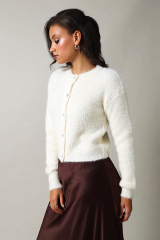 Long Sleeve Fluffy Diamante Button Cardigan - Cream