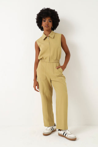 Sleeveless Collared Elastic Waist Zip Top - Olive