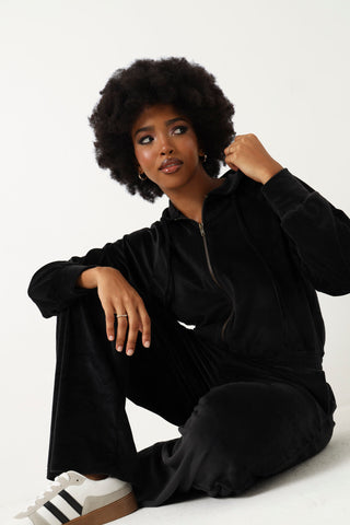 Long Sleeve Velour Zip Through - Black