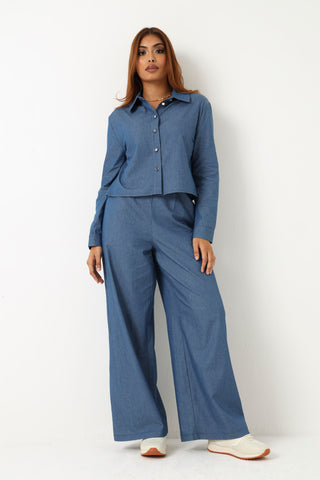 Long Sleeve Button Through Chambray Shirt - Mid Wash