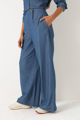 Chambray Wide leg Pants - Mid Wash