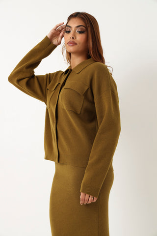 Long Sleeve Collared Pocket Cardigan -  Chartreuse