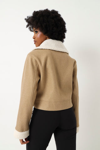 Sherpa Collar Melton Shacket   - Oatmeal